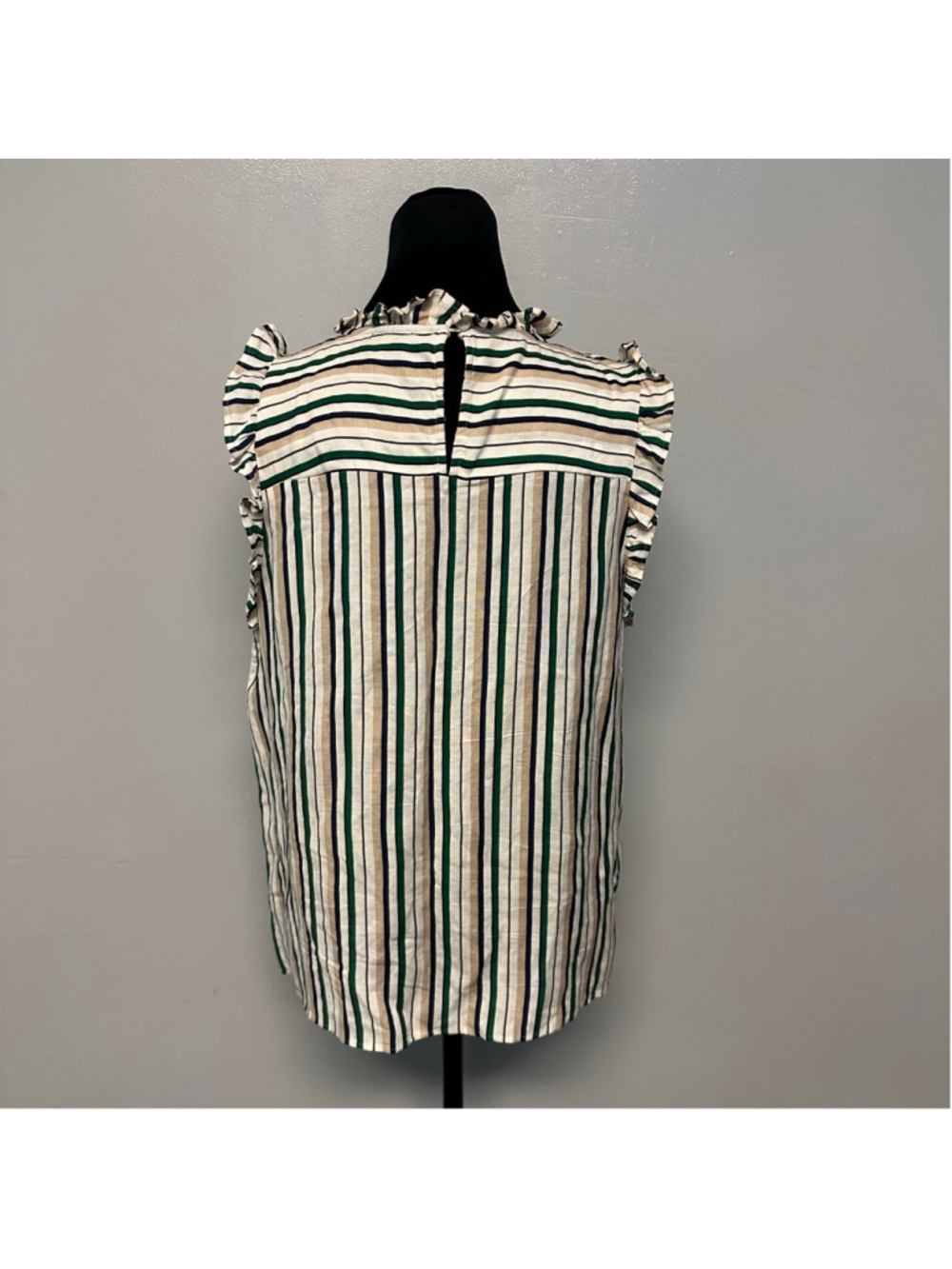 Ann Taylor Factory size medium Striped Ruffle Blouse White Green mock neck - Picture 4 of 7